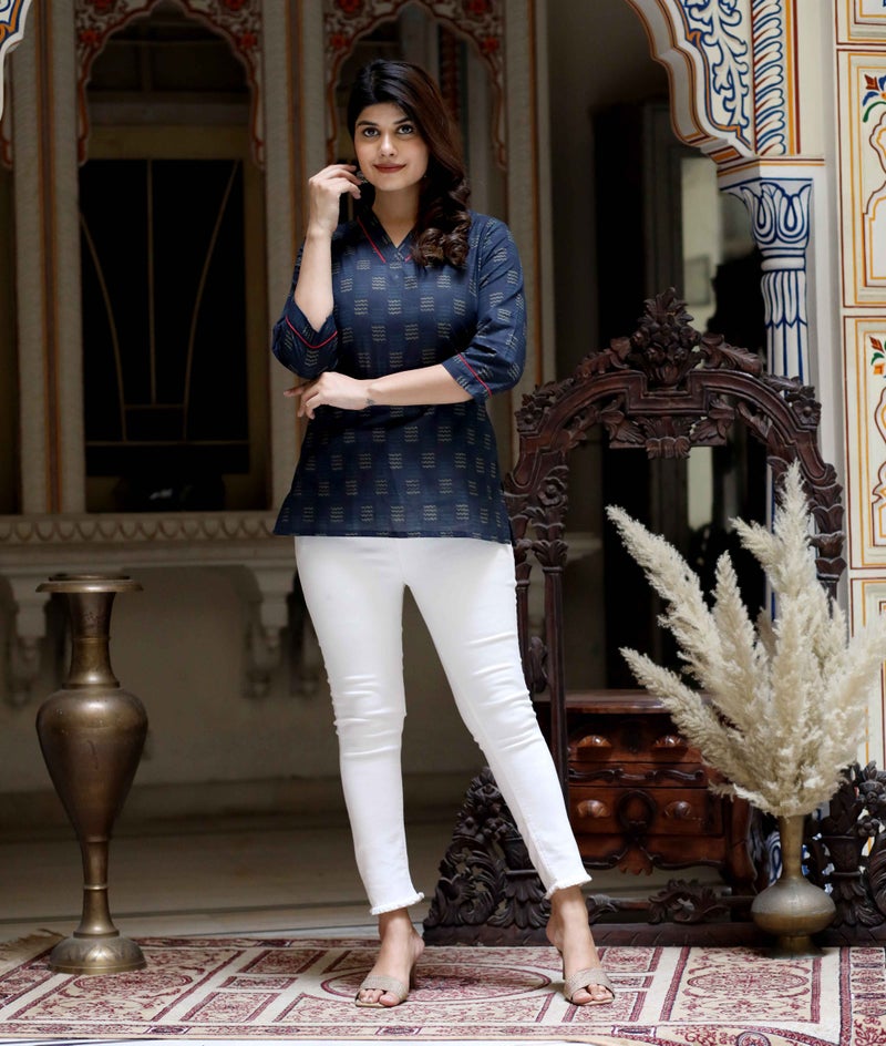 Miravan Navy Blue Printed Cotton Top for Women - Image 5